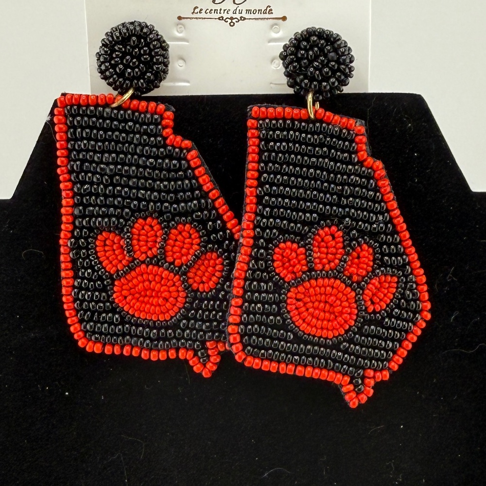 New Seed Bead State of Georgia Earrings with Red Paw Print